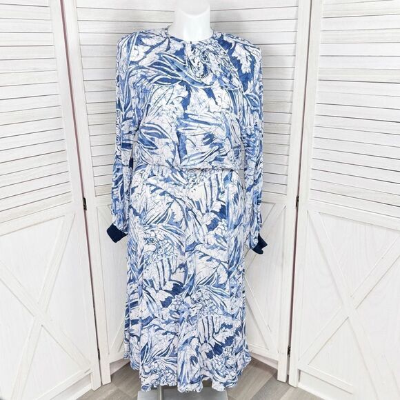 Palm Leaf Print Long Sleeve Blouson Maxi Dress Blue White 12 - Picture 1 of 14